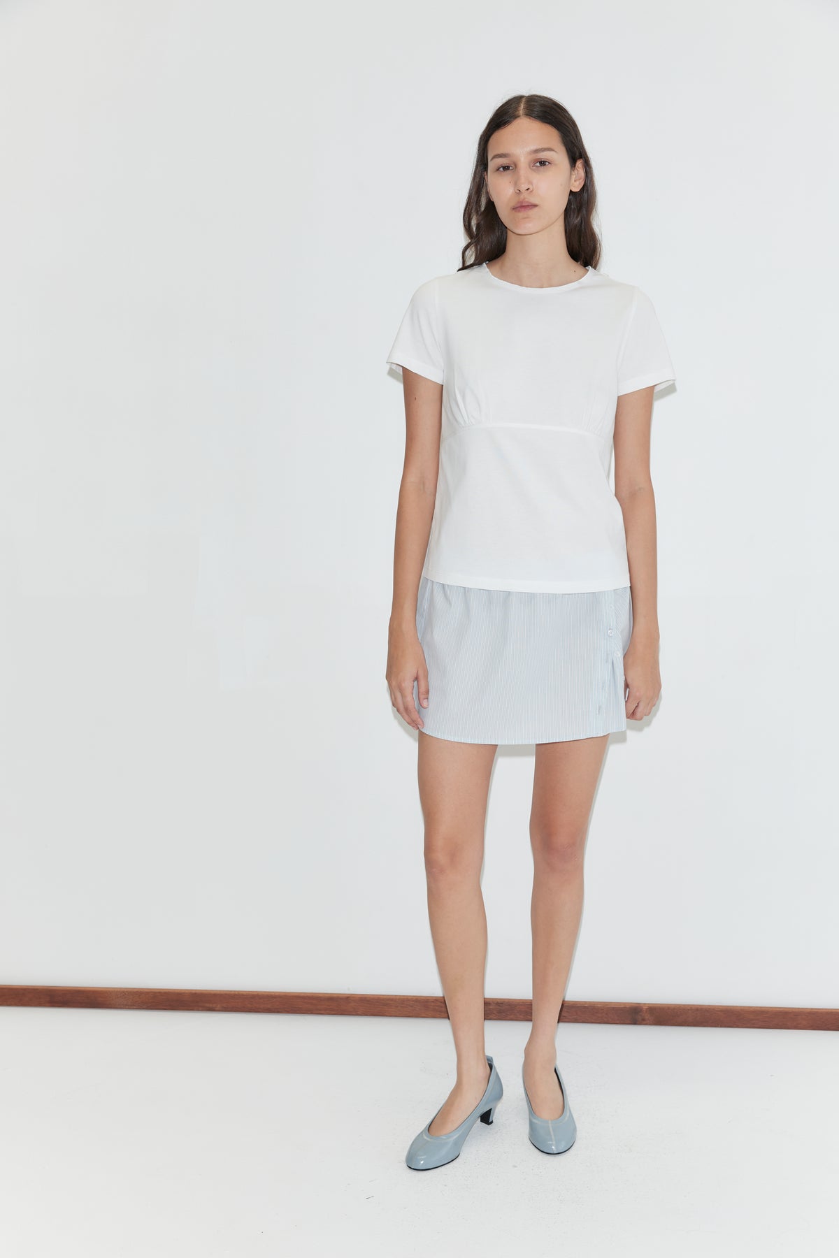 Deiji Studios Pleat Split Skirt in Mist Stripe