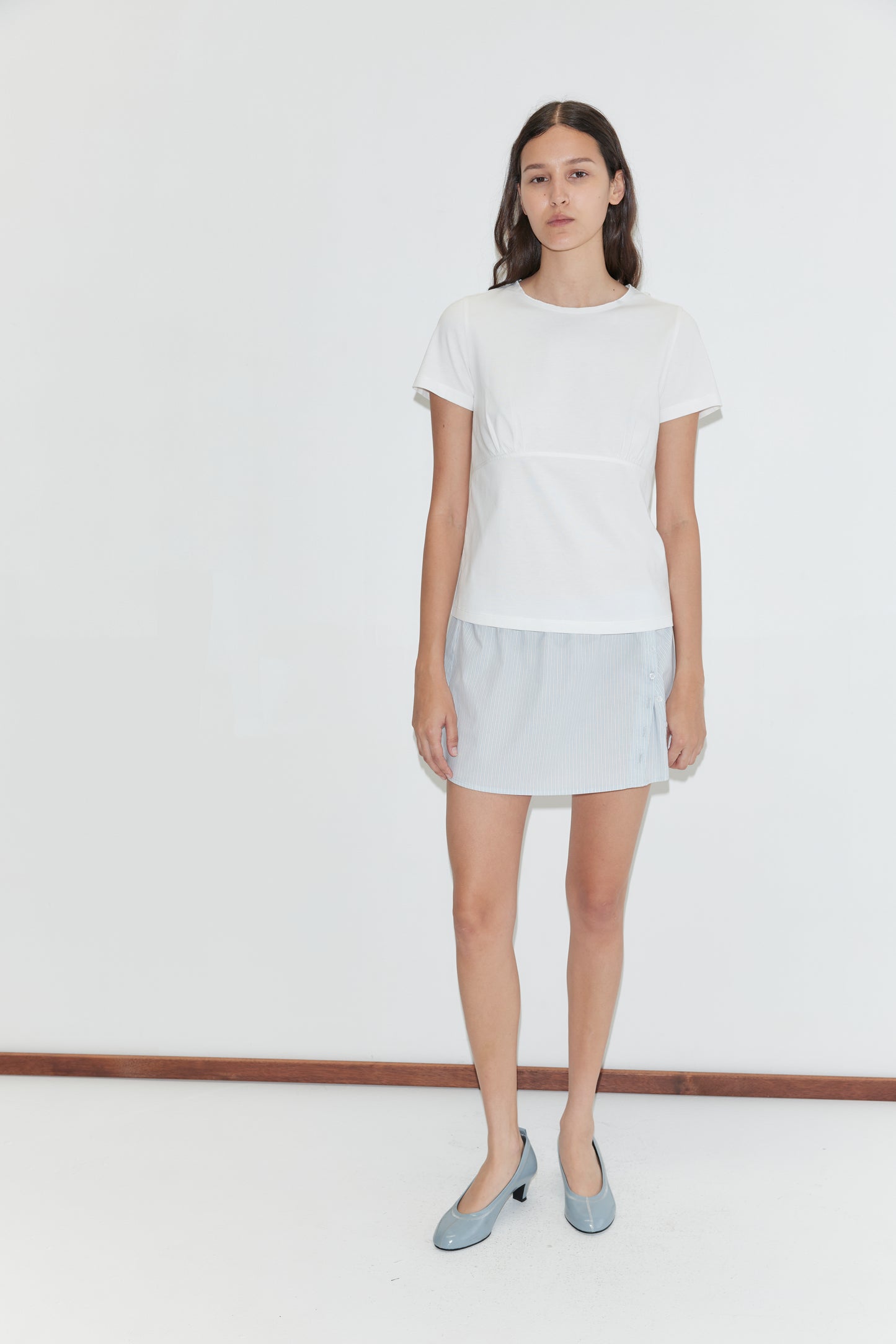 Deiji Studios Pleat Split Skirt in Mist Stripe